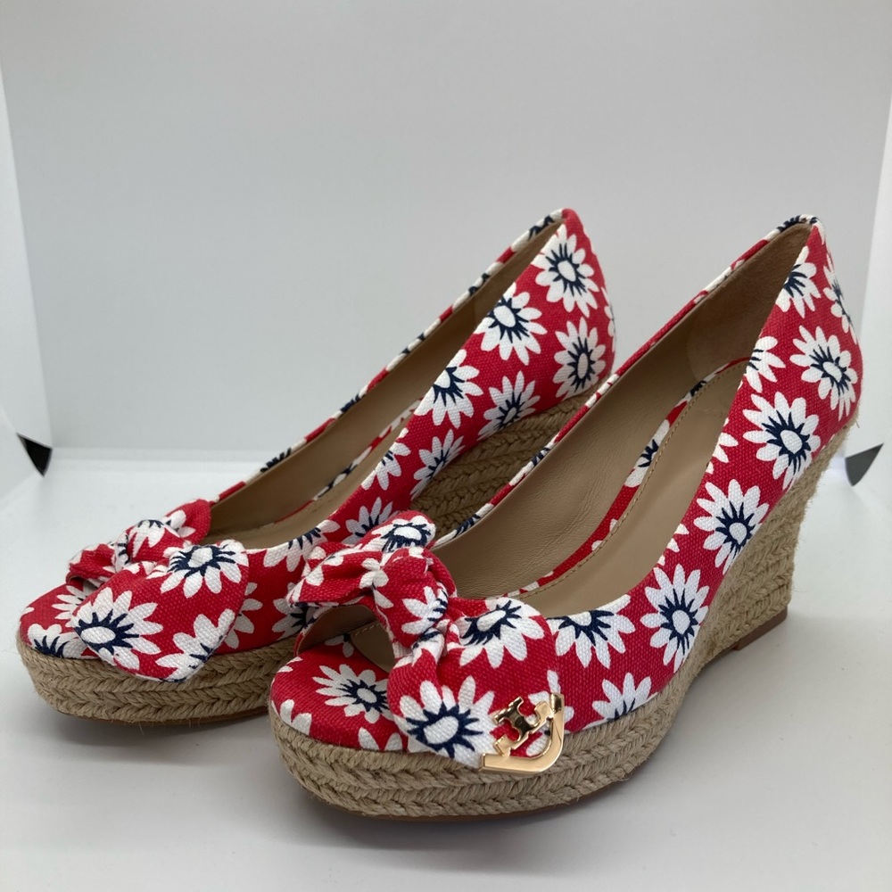 Tory Burch Women’s Dory Nantucket Peep Toe Wedge Espadrilles Shoes, Size 5.